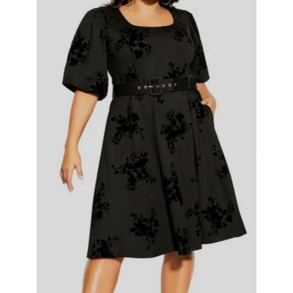 City Chic Fit Flare Belted Midi Dress Plus Size 16 Black Velvet Floral Burnout
